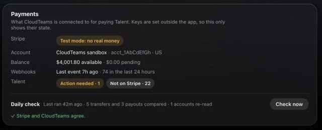 CloudTeams Payments settings showing a sample Stripe sandbox account and Test mode: no real money