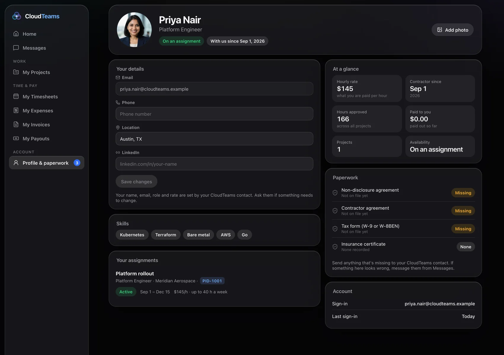 Contractor portal profile and paperwork page with a paperwork checklist showing which documents are on file or missing, plus details, skills and assignments