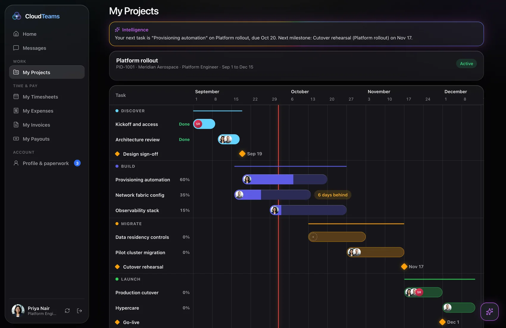 Contractor portal My Projects page with a Gantt timeline of the project's tasks and milestones