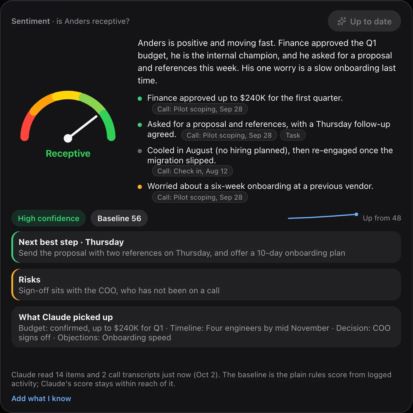 CloudTeams sentiment card with a Receptive score, summary, reasons with source links, a next best step and risks
