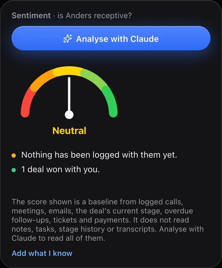 Phone screen showing the sentiment card before analysis, with a Neutral baseline and a button to analyze with Claude