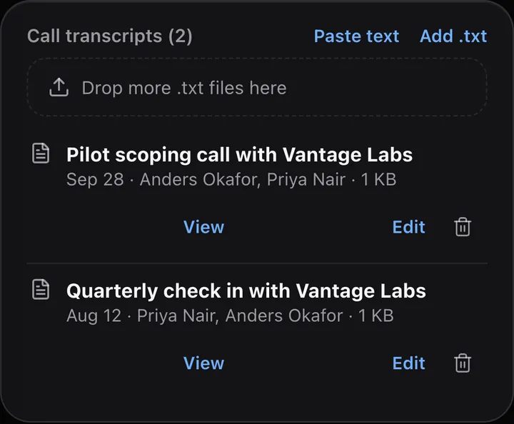 Phone screen showing the call transcripts card with two Otter files and a drop area for more