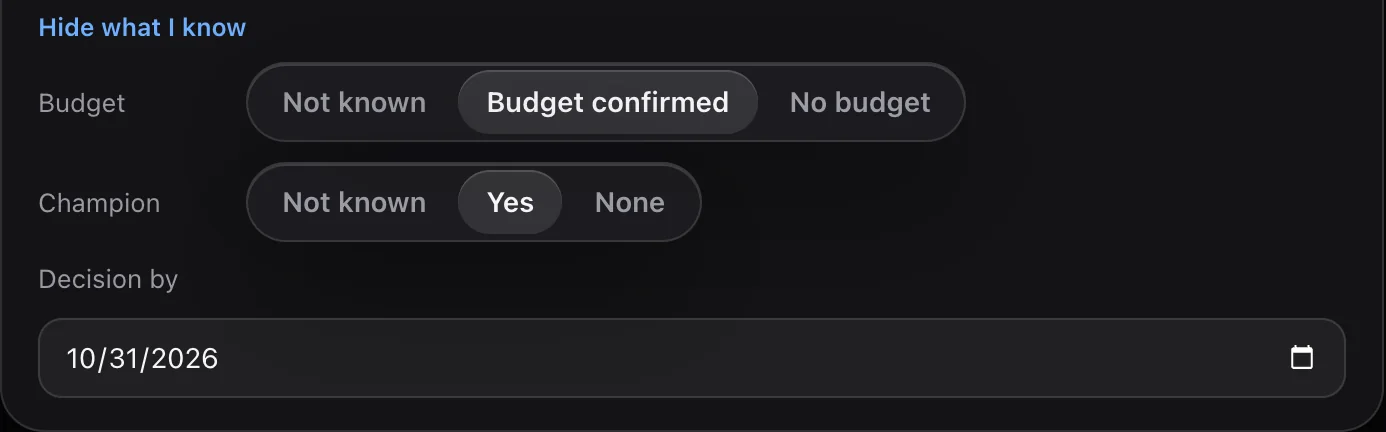 Add what I know controls: Budget with Not known, Budget confirmed and No budget, Champion with Not known, Yes and None, and a Decision by date