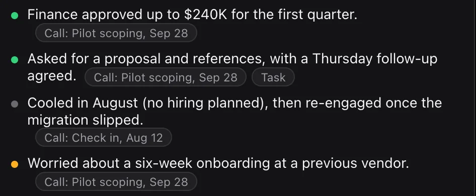 Four reasons from a Claude analysis, each followed by a small source chip such as Call: Pilot scoping, Sep 28, or Task