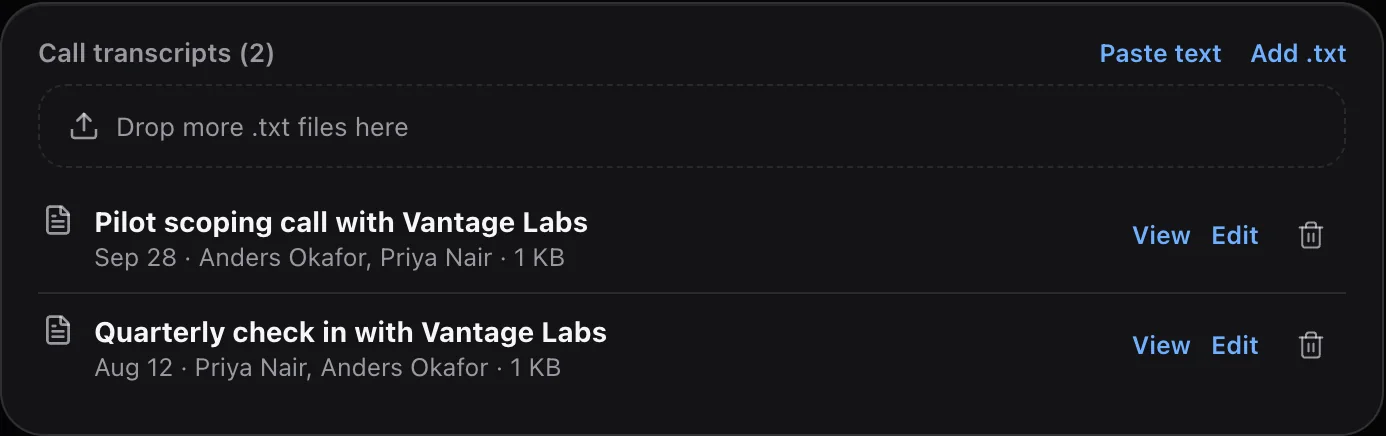 Call transcripts card listing two Otter transcript files for Vantage Labs with dates and speakers, a drop area for more .txt files, and Paste text and Add .txt links